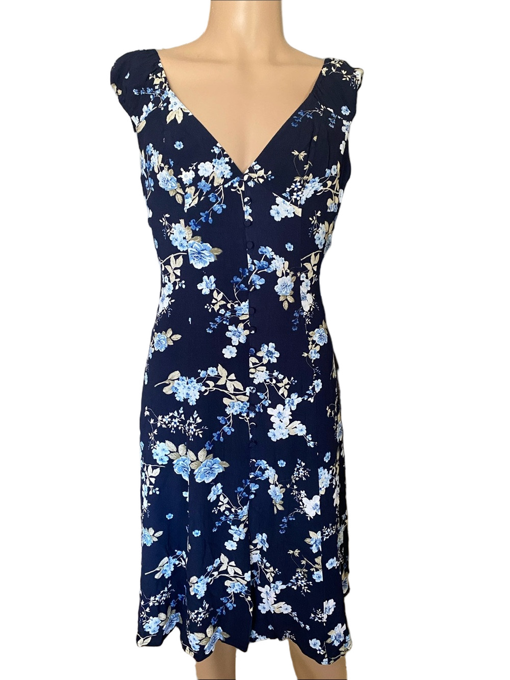 Wayf Navy Floral V-Neck Midi Dress with Light Blue Blooms